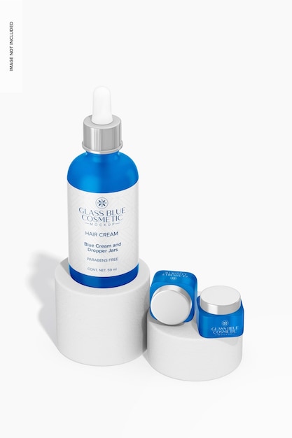 Mockup van blauwe crème en druppelaar met hoge hoek