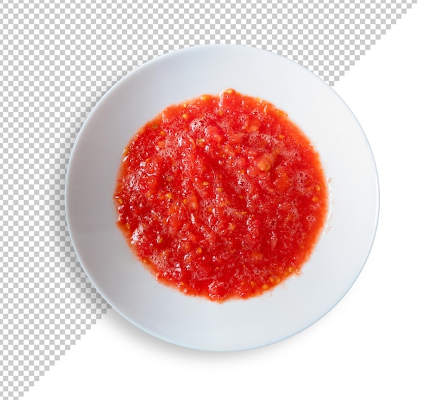 PSD mockup van een bord ruwe verpletterde natuurlijke tomaten van bovenaf