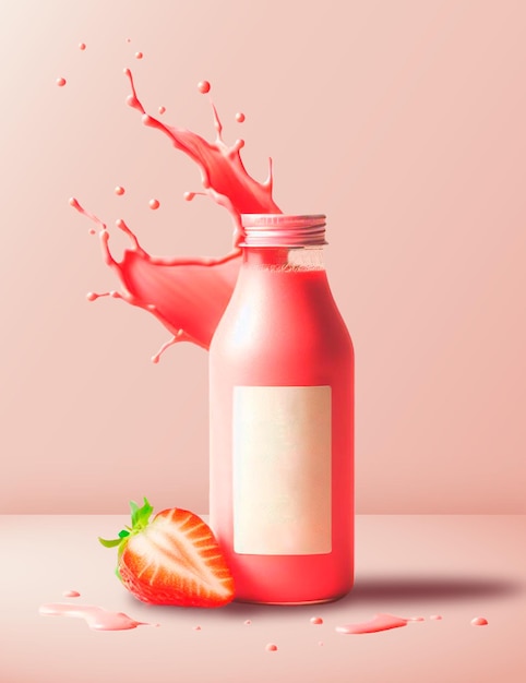 Mockup van een fles aardbeien sap met een roze achtergrond