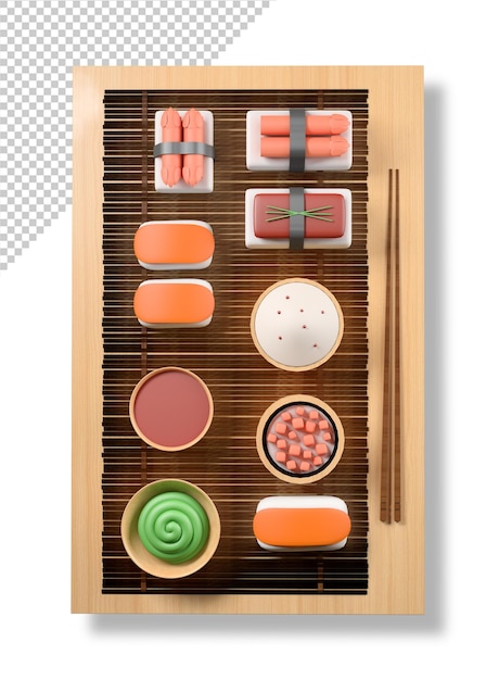 Mockup van een houten bord met sushi in bovenaanzicht