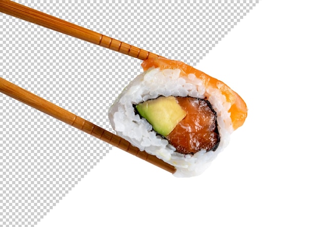 PSD mockup van een sushirol in eetstokjes