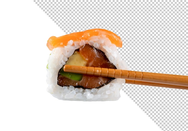 PSD mockup van een sushirol in eetstokjes