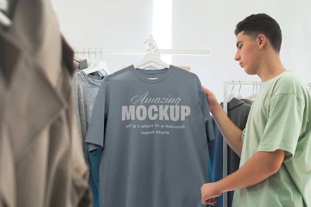 PSD mockup van een t-shirt in de winkel