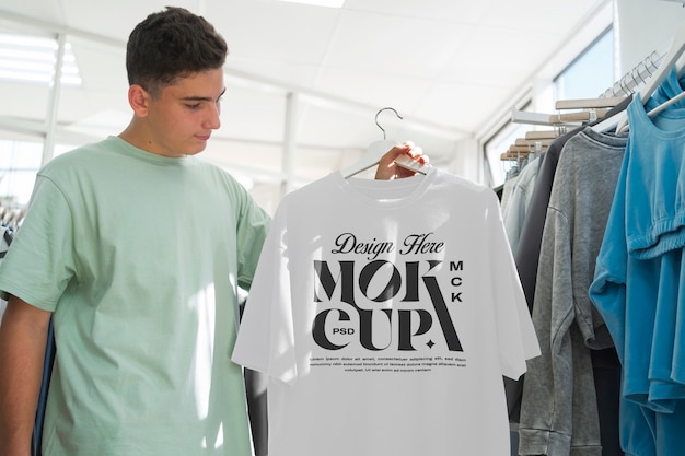 PSD mockup van een t-shirt in de winkel