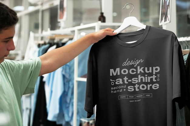 PSD mockup van een t-shirt in de winkel