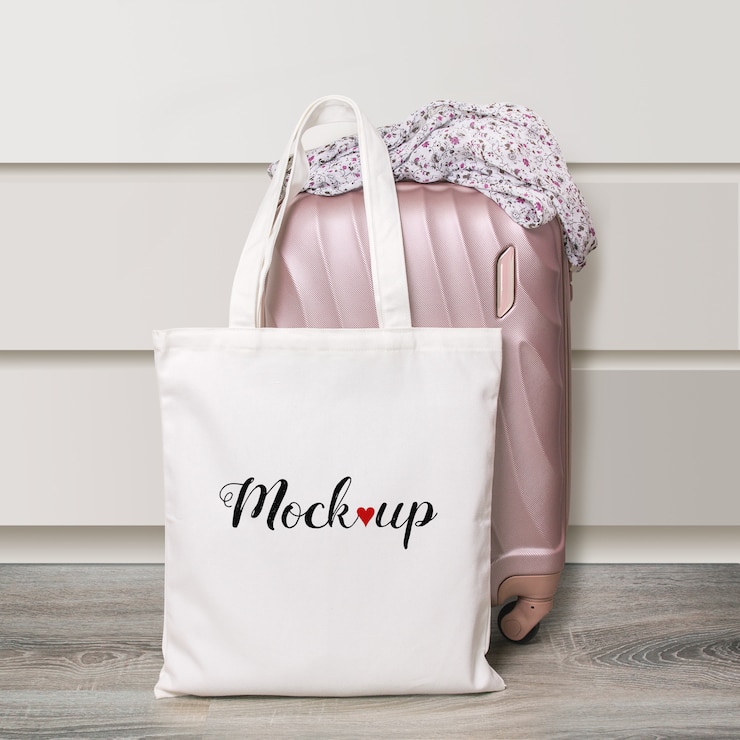 PSD mockup van een witte katoenen eco draagtas met reiskoffer