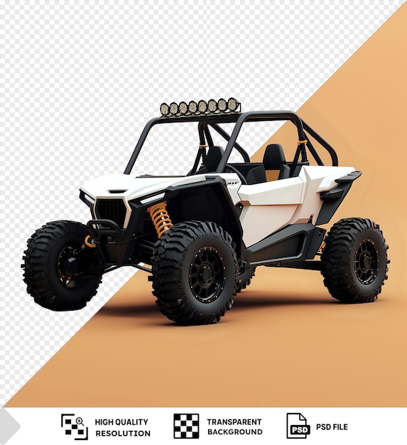 PSD mockup van een witte utv buggy met zwarte banden en een witte stoel met een zwarte schaduw png psd