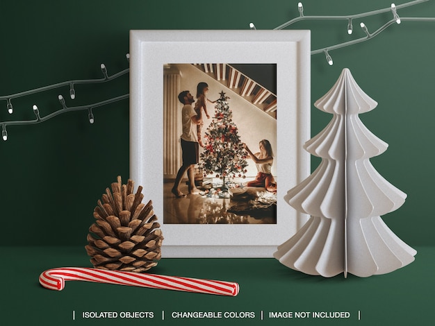 Mockup van fotokaartkader voor vakantiegroet met de maker van de kerstdecoratiescène