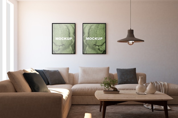 PSD mockup van frames in de woonkamer