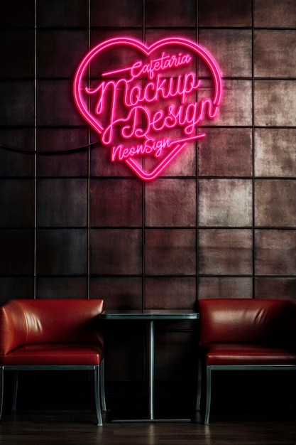 PSD mockup van het neon logo van een restaurant op de muur