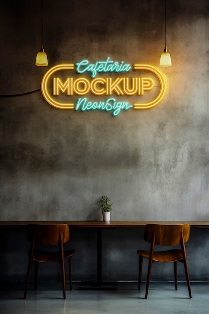 PSD mockup van het neon logo van een restaurant op de muur