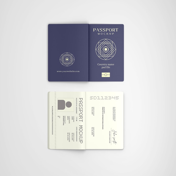 PSD mockup van internationaal paspoort in gesloten en open documenten
