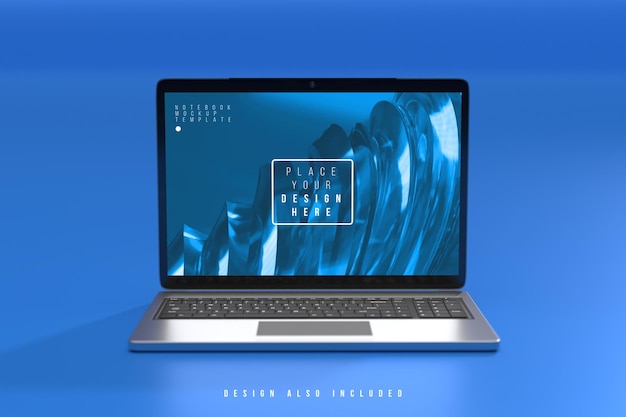 Mockup van laptopcomputerscherm boven vlakke blauwe grond met achtergrondproductpresentatiefase