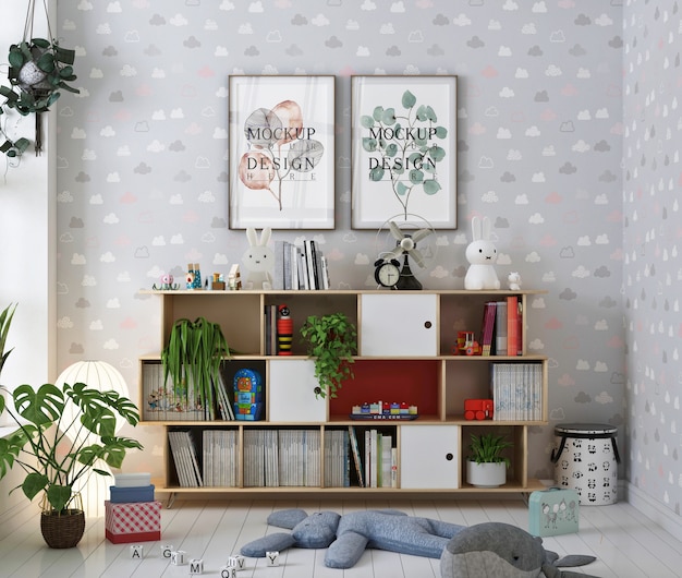 PSD mockup van posterframe in kinderkamer met boeken