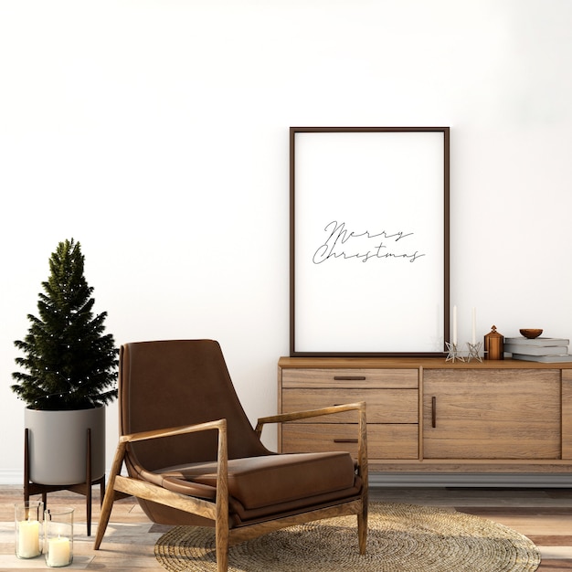 Mockup van scandinavisch woonkamerinterieur met kerstboom