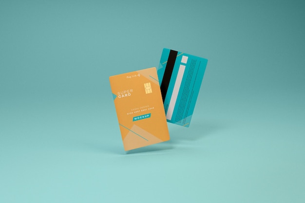 Mockup van twee zwevende dubbelzijdige creditcards ver zicht