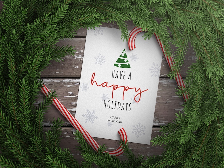 PSD mockup van wenskaart met lollystok en kerstkrans decoratie op houten tafel