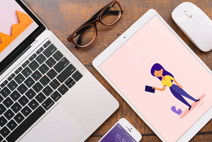 PSD mockup of various devices with creativity or workspace concept