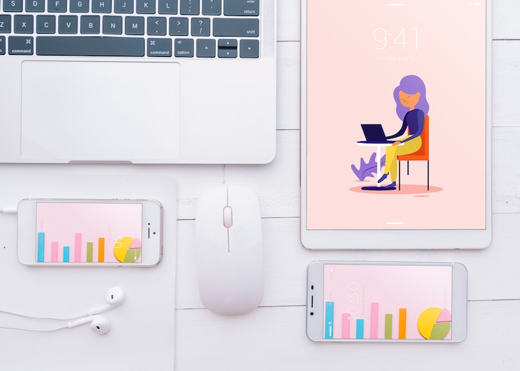 PSD mockup of various devices with creativity or workspace concept