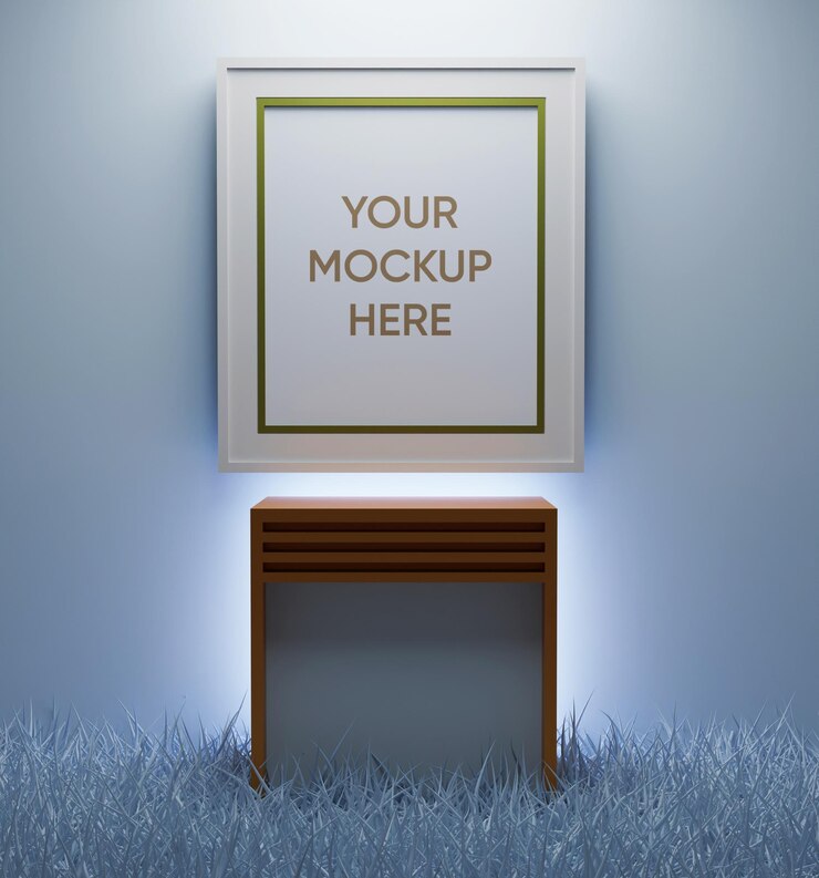 Mockup ve ürün teşhiri için çerçeveli 3d render kutu podyum buzlu çimen sahnesi