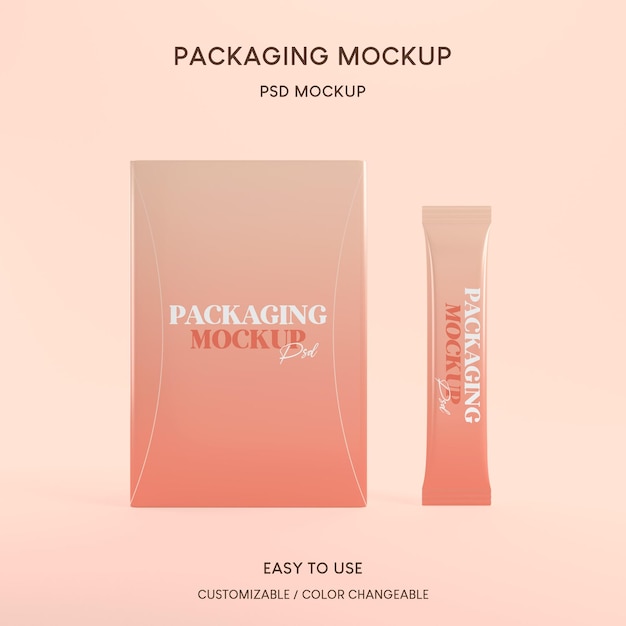 Mockup verpakking 3d product glanzend stick sachet met papieren doos mockup eten en drinken verpakkingsconcept ontwerp uitknippad