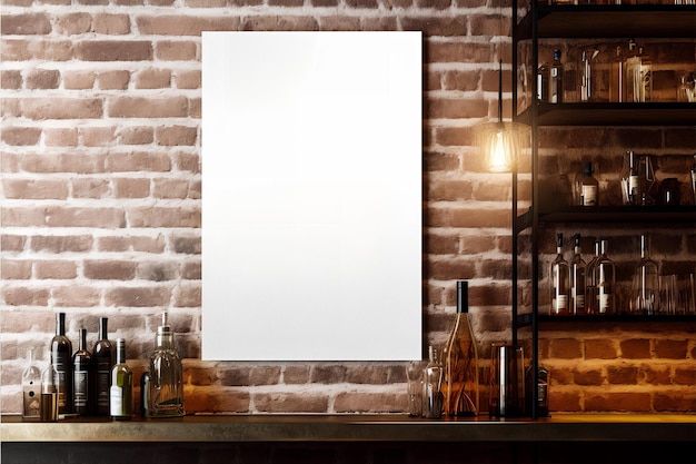 PSD mockup of vertical empty poster in loft bar interior