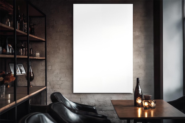 Mockup of vertical empty poster in Loft bar interior