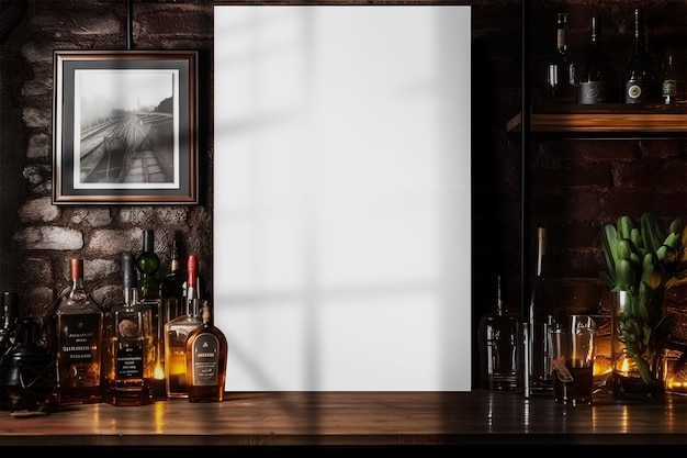 PSD mockup of vertical empty poster in loft bar interior