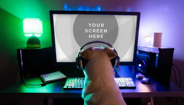 PSD mockup view of a dog using a gaming computer with headphones