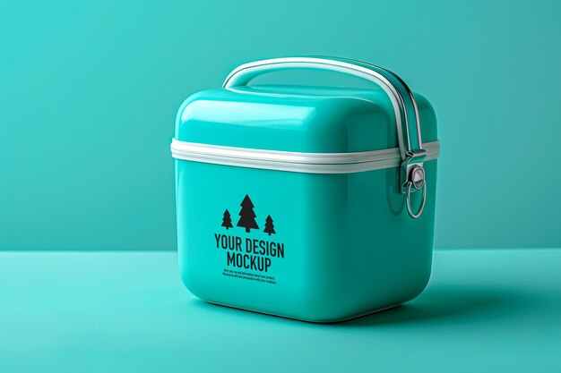 PSD mockup di un frigorifero da spiaggia verde vintage su sfondo blu generativa ai