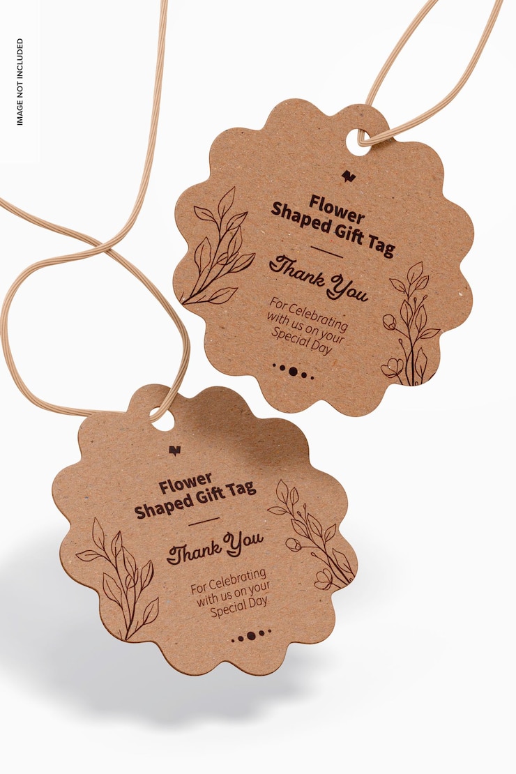 PSD mockup voor bloemvormige cadeaulabels, vallend