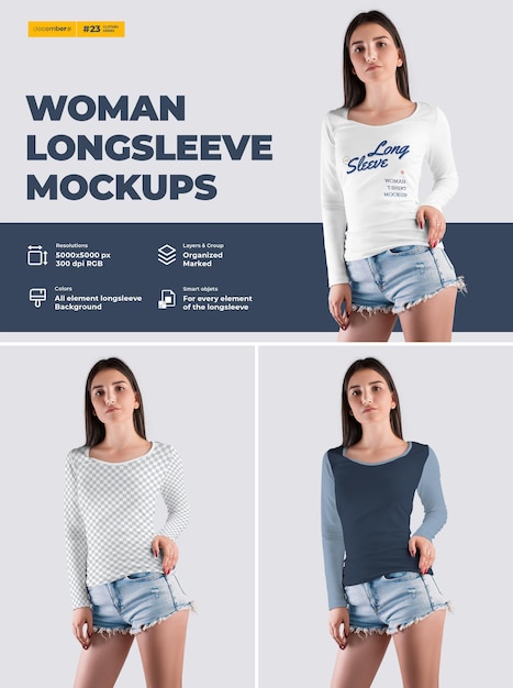 Mockup voor dames t-shirt met lange mouwen. ontwerp is eenvoudig in het aanpassen van afbeeldingen, ontwerp t-shirt (t-shirt en mouw), kleur van alle elementen thsirt, heide textuur.