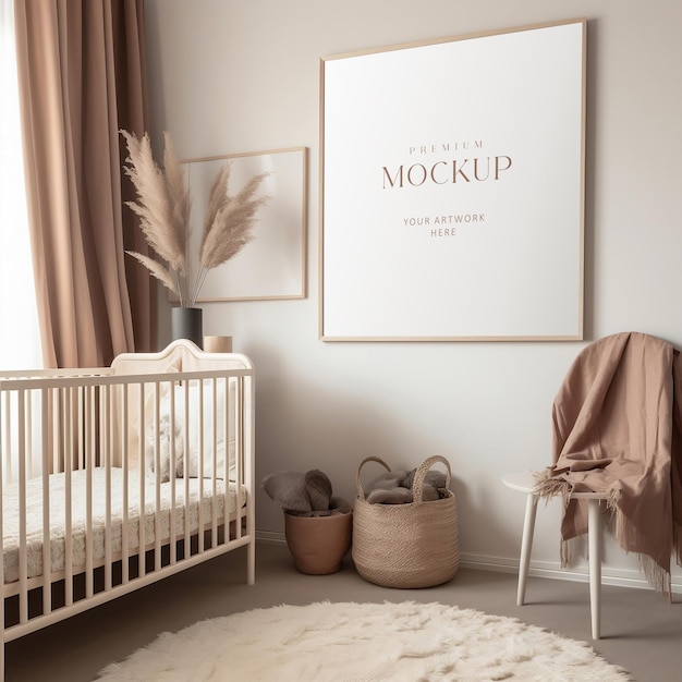 PSD mockup voor een fotolijst in een kinderkamer in beige minimalistische stijl met een natuurlijk kleurenpalet