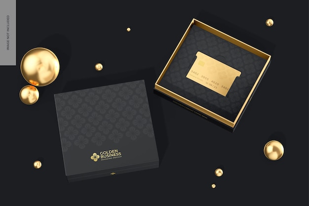 Mockup voor gouden creditcarddozen geopend
