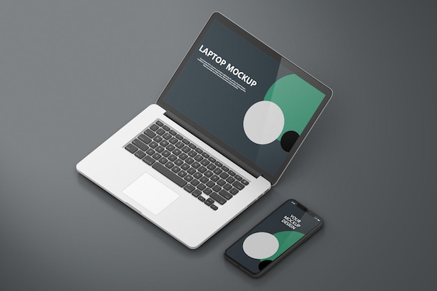 Mockup voor laptop en visitekaartje met isometrische weergave