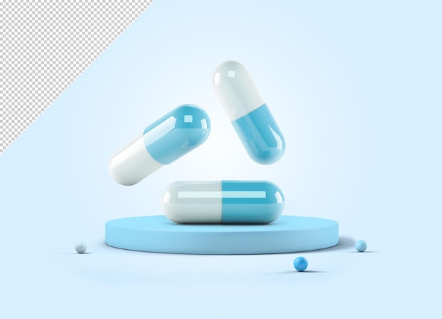 PSD mockup voor medicijncapsules op een voetstuk