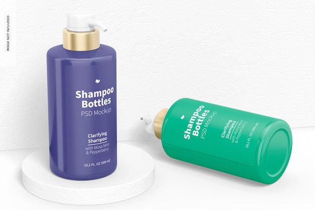 Mockup voor shampoofles van 300 ml, staand en neergelaten