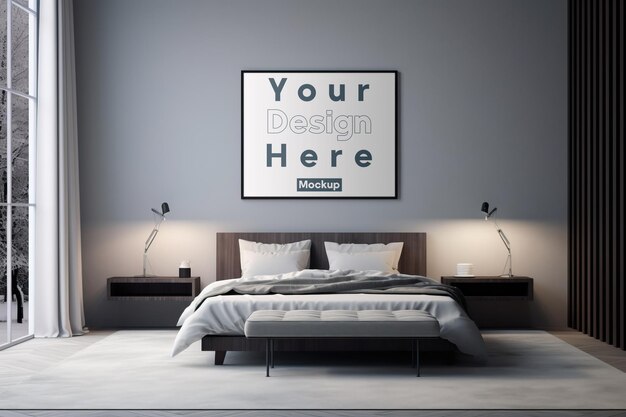 PSD mockup voor wanddecoratie met fotolijst weergegeven in een minimalistische moderne slaapkamer met natuurlijk daglicht