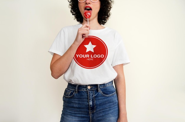 PSD mockup voor witte t-shirtvrouw met lolly