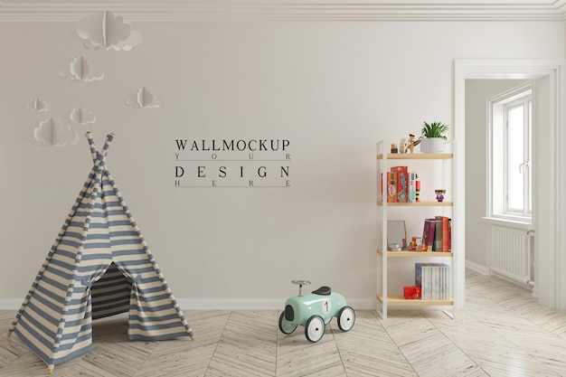 mockup wall in cute kids playroom interior