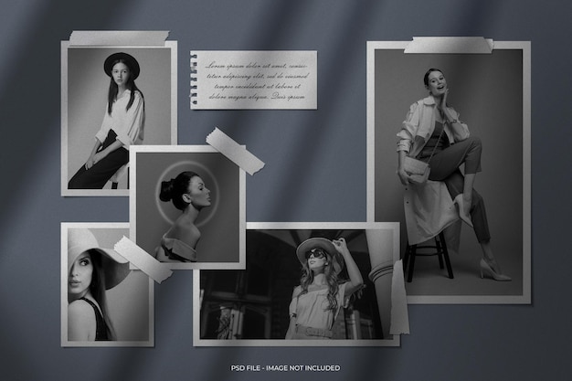 mockup of wall mood board with ripped paper photo card collage set palette scene creator isolated