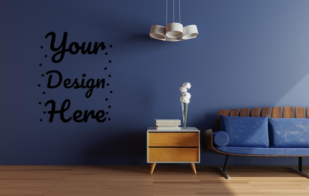 Макет стены с диваном в гостиной с синей стеной современная гостиная с диваном скандинавский дизайн интерьера мебель диван кресло и растения с синей стеной копией пространства 3D рендеринг