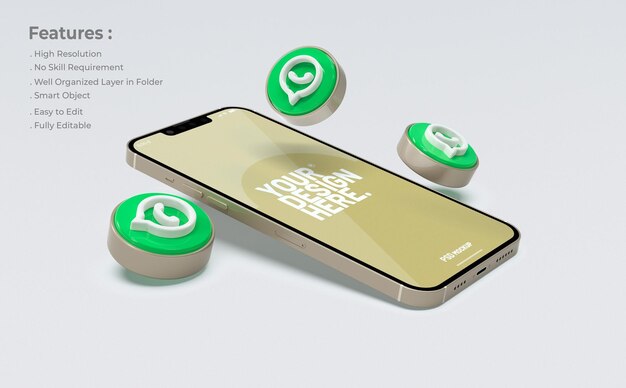 3dアイコンと携帯電話のwhatsappのモックアップ