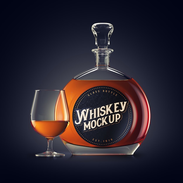 PSD mockup di una bottiglia di vetro di whisky con etichetta rotonda