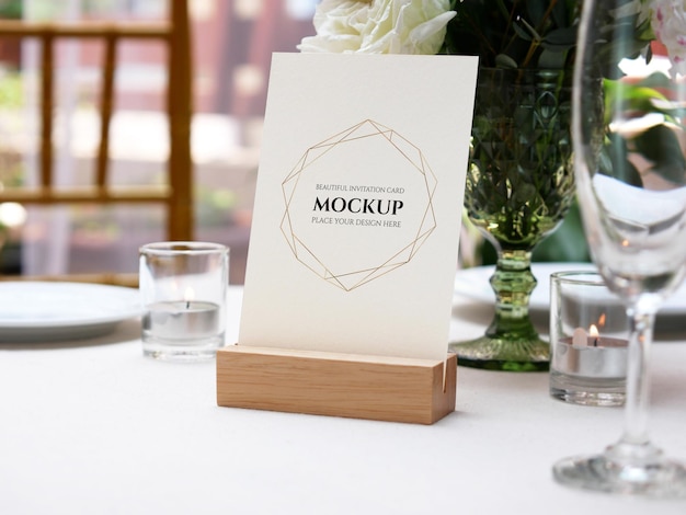 Mockup white blank card on wedding table setting