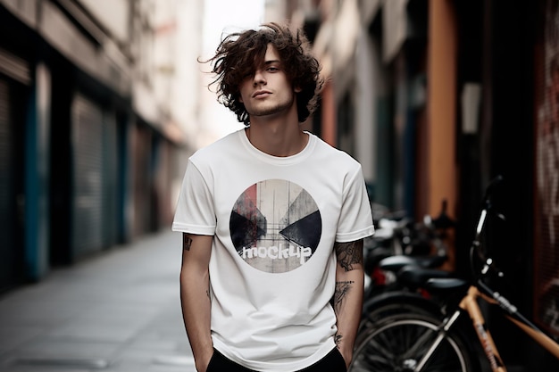 PSD mockup of a white shortsleeved tshirt worn by a model in an grunge outdoor scene