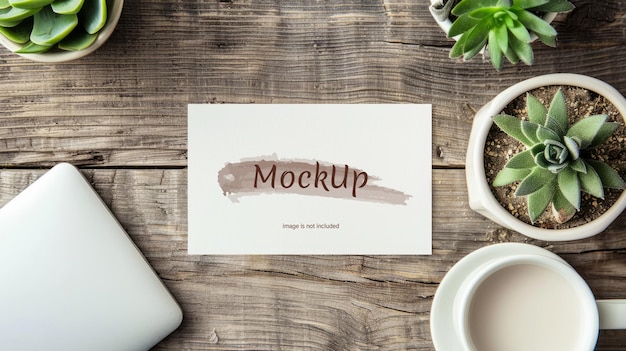 Mockup with Blank Greeting Card on Wooden Workspace with laptop succulents and coffee