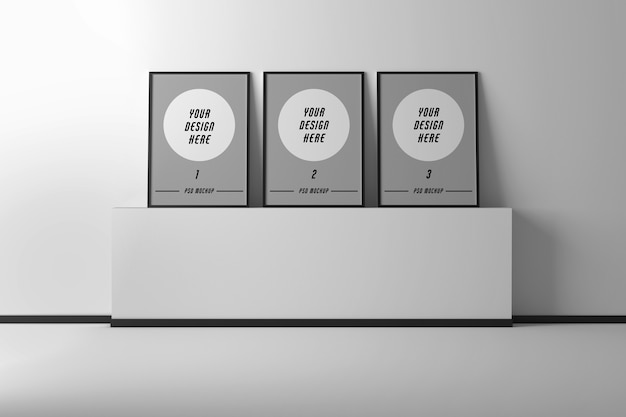 Mockup with three A4 picture frames on wall pedestal