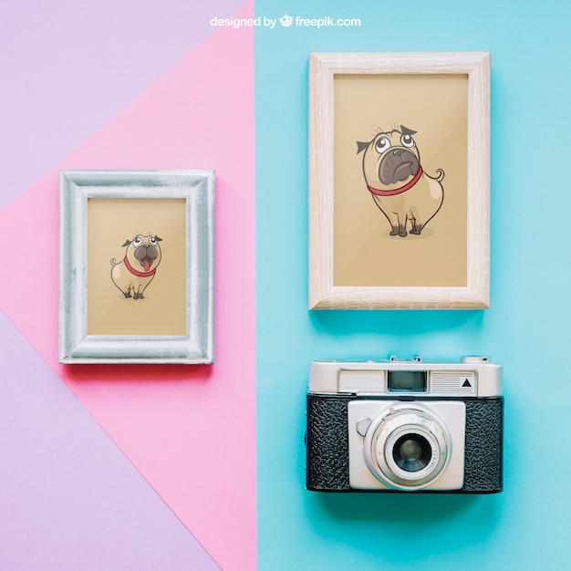 PSD mockup con due frame e fotocamera