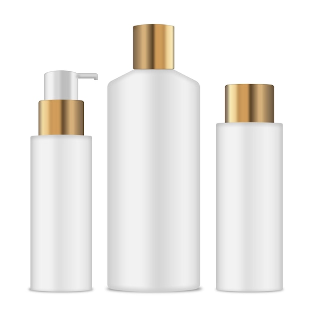 PSD mockup witte en gouden glanzende plastic flessenset met dispenser voor vloeibare zeeplotionshampoo psd